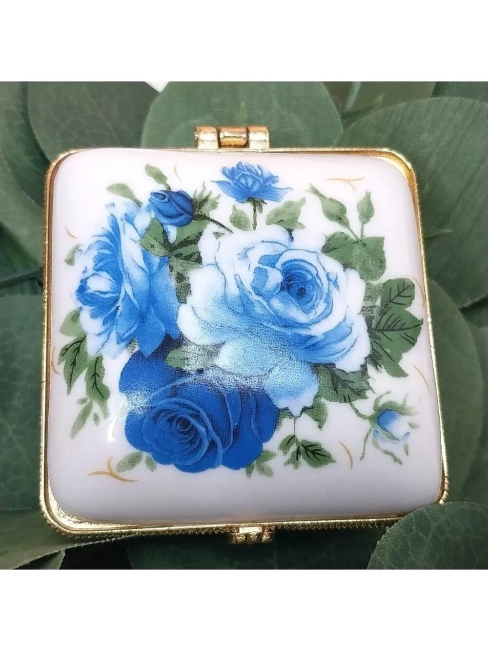 Porcelain Trinket Pill Box Blue Roses Floral Gold Trim Hinged Lid Square 2.25